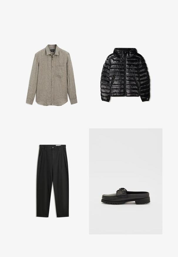 Sort dunjakke med hætte, der har quiltet design, lynlåslukning og to sidelommer. Lavet af et glat, skinnende materiale.; Langærmet, ternet skjorte i brun og beige med subtile blå accenter. Har en knaplukning foran og en enkelt brystlomme.; Sorte bomuldsbukser med en afslappet pasform, der har en klassisk talje, frontfolder og sidelommer. Glat tekstur uden mønstre.; Sorte læderslipsko med snøre-detalje, rund tå og tekstureret sål. Har en let hævet hæl og glat overflade.