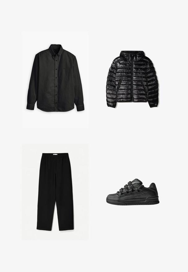 Čierna zateplená bunda s kapucňou, s prešívaným dizajnom, so zipsom a dvoma bočnými vreckami. Vyrobená z hladkého, lesklého materiálu.; Levi's® AUTHENTIC BUTTON DOWN - Košeľa - kincaid jet black garment dye; Čierne nohavice s širokými nohavicami vyrobené z ľahkej tkaniny. Majú elasticitu v páse a hladký povrch. Bez viditeľných vzorov alebo kovania.; Čierne tenisky s hladkým koženým zvrškom, štruktúrovanými akcentami a okrúhlymi čierno-bielymi šnúrkami. Hrubá gumená podrážka s vzorovaným dezénom.