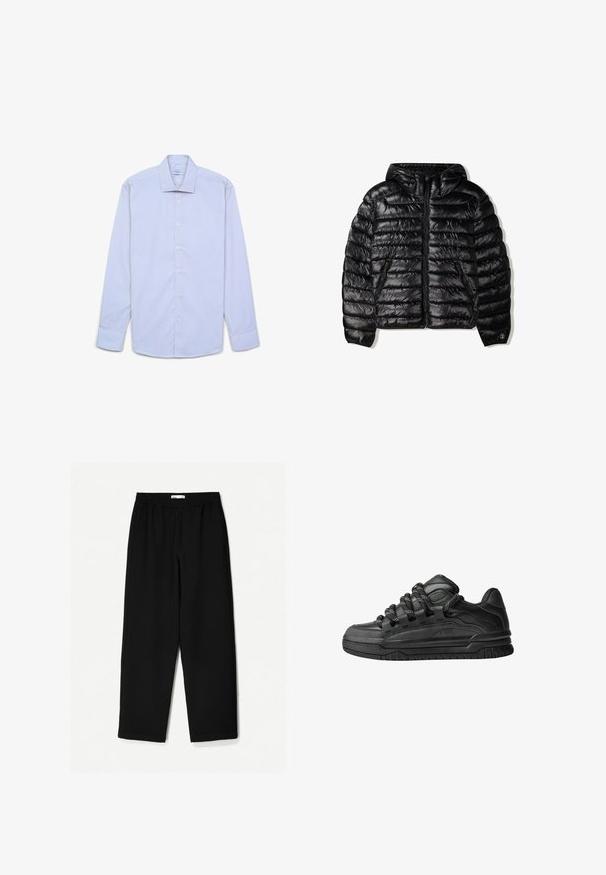 Schwarze Daunenjacke mit Kapuze, mit gestepptem Design, Reißverschluss und zwei Seitentaschen. Hergestellt aus einem glatten, glänzenden Material.; Helles blaues Herrenhemd mit dünnen weißen vertikalen Streifen, Knopfleiste, langen Ärmeln und spitzem Kragen, flach auf weißem Hintergrund ausgelegt.; Schwarze, weit geschnittene Hose aus leichtem Stoff. Mit elastischem Bund und glatter Textur. Keine sichtbaren Muster oder Beschläge.; Schwarze Sneakers mit einem glatten Leder-Obermaterial, strukturierten Akzenten und runden schwarz-weißen Schnürsenkeln. Dicke Gummisohle mit einem gemusterten Profil.