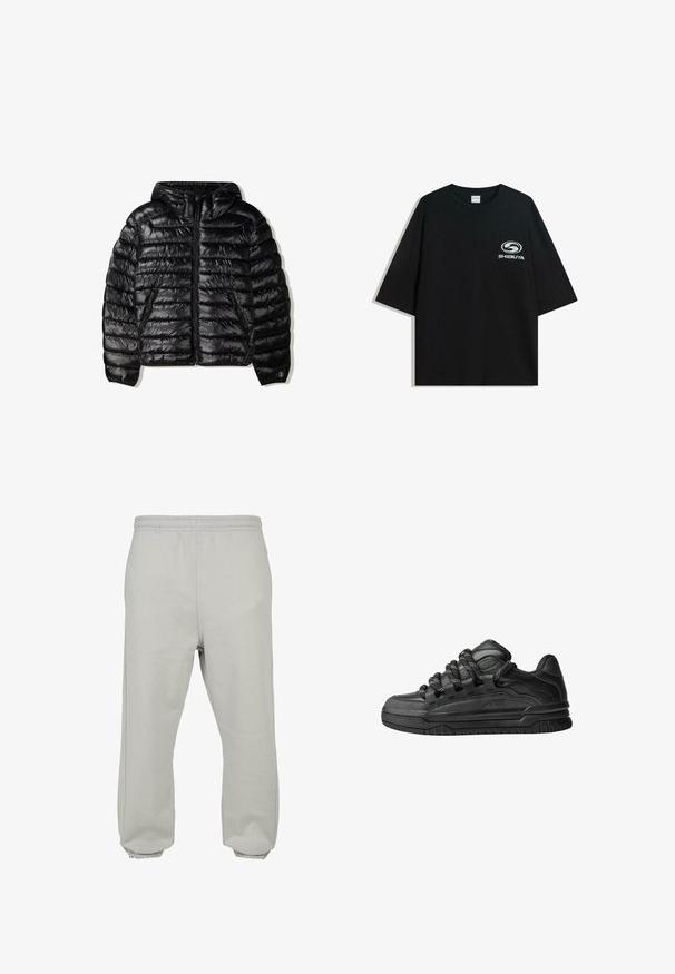 Crna puffer jakna s kapuljačom, sa kvadratnim dizajnom, zatvaranjem na patentni zatvarač i dva bočna džepa. Napravljena od glatkog, sjajnog materijala.; Crna oversized pamukasta majica s okruglim izrezom i kratkim rukavima, s bijelim logotipom "Shibuya" otisnutim na prednjoj strani.; Svijetlosive trenirke napravljene od mekog materijala, s elastičnom gumicom u struku, suženim nogavicama i rebrastim manžetama za udoban fit.; Crne tenisice s glatkom kožnom gornjom površinom, teksturiranim detaljima i okruglim crnim i bijelim vezicama. Debeli gumeni potplat s uzorkom.