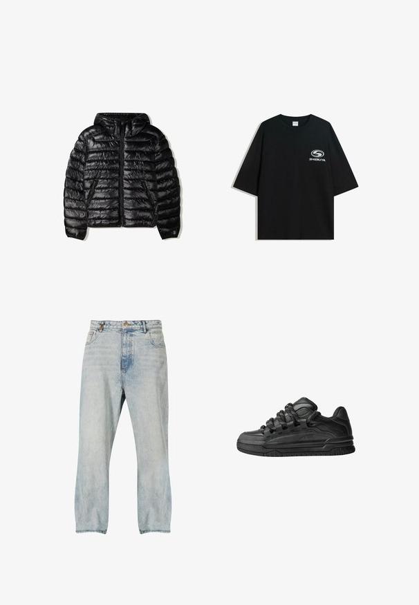 Černá nafukovací bunda s kapucí, která má prošívaný design, zipové zapínání a dvě boční kapsy. Vyrobena z hladkého, lesklého materiálu.; Černé oversized bavlněné tričko s kulatým výstřihem a krátkým rukávem, na přední straně s potiskem bílého loga "Shibuya".; Světle modré denimové džíny uvolněného střihu, s vysokým pasem, kontrastním šitím a designem s pěti kapsami. Hladká textura se vybledlými akcenty.; Černé tenisky s hladkým koženým svrškem, texturovanými akcenty a kulatými černobílými tkaničkami. Silná gumová podrážka s vzorovaným dezénem.