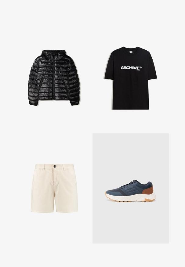 Black puffer jacket with a hood, featuring quilted design, zipper closure, and two side pockets. Made from a smooth, shiny material.; Black cotton T-shirt featuring a white "ARCHIVE inc." logo across the chest, short sleeves, and a crew neckline.; Beige cotton shorts with a button closure, elastic waistband, and side pockets. Simple design with a straight cut and no visible patterns.; Navy blue athletic shoes with a brown heel accent, textured mesh upper, padded collar, and white rubber sole with a patterned tread.