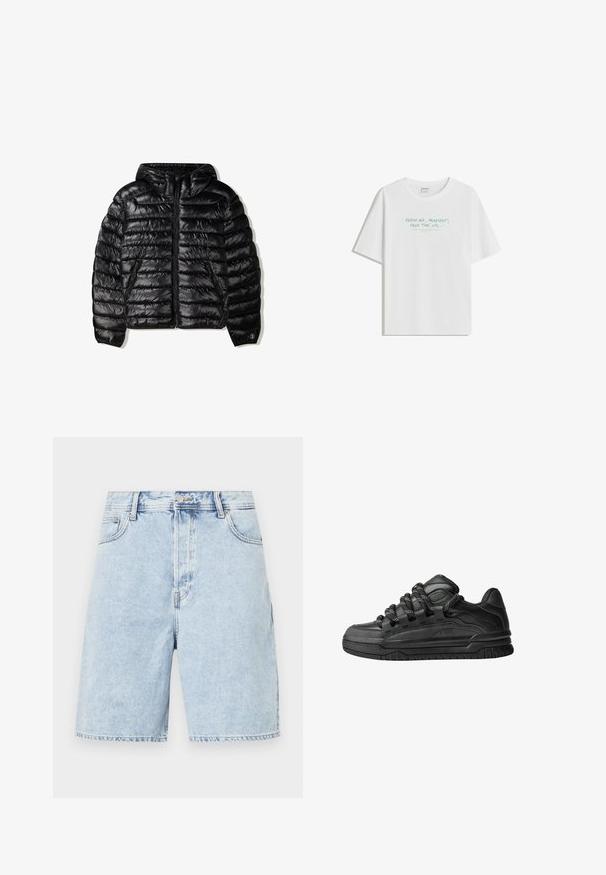 Čierna zateplená bunda s kapucňou, s prešívaným dizajnom, so zipsom a dvoma bočnými vreckami. Vyrobená z hladkého, lesklého materiálu.; Biela bavlnená tričko s voľným strihom, okrúhlym výstrihom a svetlozeleným textom: "ČERSTVÝ VZDUCH, PLAYLIST, VOĽNÝ ČAS, a pod..." na prednej strane.; Svetlomodré denim šortky s voľným strihom, s gombíkovým zapínaním, piatimi vreckami a kontrastným šitím pozdĺž švov.; Čierne tenisky s hladkým koženým zvrškom, štruktúrovanými akcentami a okrúhlymi čierno-bielymi šnúrkami. Hrubá gumená podrážka s vzorovaným dezénom.