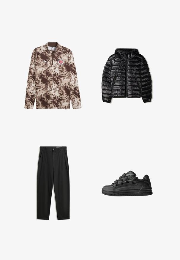Schwarze Daunenjacke mit Kapuze, mit gestepptem Design, Reißverschluss und zwei Seitentaschen. Hergestellt aus einem glatten, glänzenden Material.; Brauner und beigefarbener Langarm-Pullover mit Reißverschlusskragen, strukturiertem Camouflage-Muster, weißem Puma-Logo und FC St. Pauli-Emblem auf der Brust.; Schwarze Baumwollhose mit lockerem Schnitt, ausgestattet mit einem klassischen Bund, vorderen Falten und Seiten taschen. Glatte Textur ohne Muster.; Schwarze Sneakers mit einem glatten Leder-Obermaterial, strukturierten Akzenten und runden schwarz-weißen Schnürsenkeln. Dicke Gummisohle mit einem gemusterten Profil.