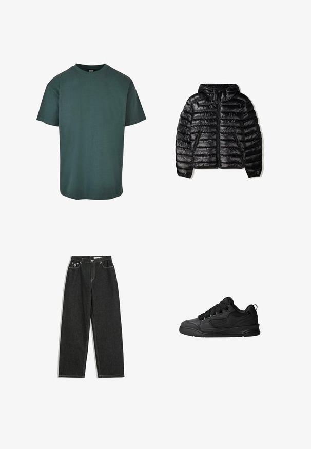 Black puffer jacket with a hood, featuring quilted design, zipper closure, and two side pockets. Made from a smooth, shiny material.; Dark green cotton t-shirt with a crew neck, short sleeves, and a straight hem. Soft texture, casual fit, and a plain design.; Black straight-leg jeans with white stitching, five-pocket design, button and zipper closure, and a small logo on the front right pocket.; Black sneakers with a textured upper, featuring laces, mesh accents for breathability, padded collar, and a sturdy outsole.