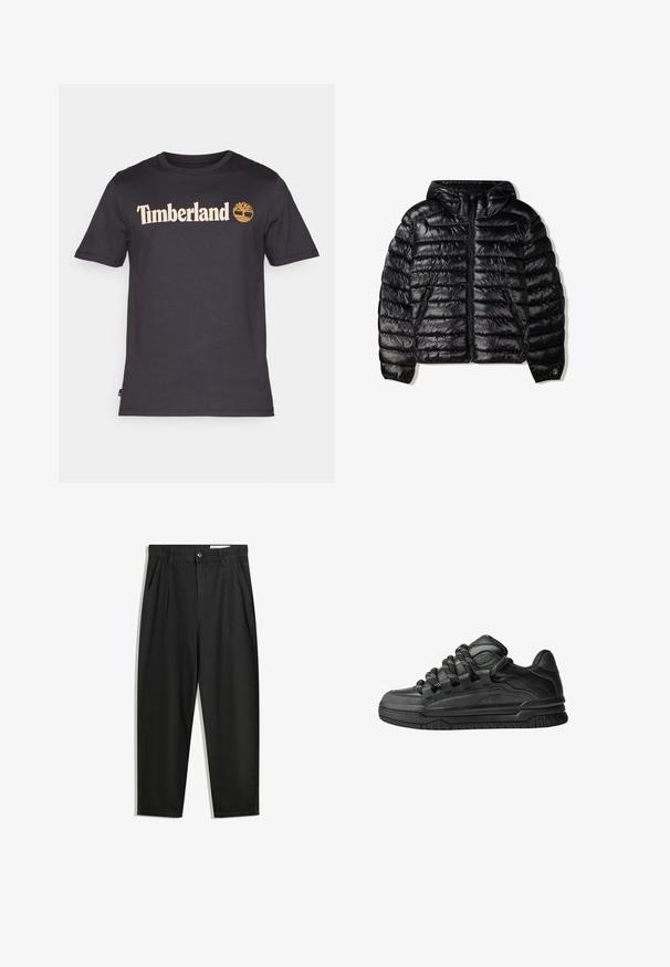 Čierna zateplená bunda s kapucňou, s prešívaným dizajnom, so zipsom a dvoma bočnými vreckami. Vyrobená z hladkého, lesklého materiálu.; Čierne bavlnené tričko s krémovým logom "Timberland" a emblémom stromu na prednej strane. Krátke rukávy a dizajn s okrúhlym výstrihom.; Čierne bavlnené nohavice s voľným strihom, s klasickým pásom, prednými záhybmi a bočnými vreckami. Hladká textúra bez vzorov.; Čierne tenisky s hladkým koženým zvrškom, štruktúrovanými akcentami a okrúhlymi čierno-bielymi šnúrkami. Hrubá gumená podrážka s vzorovaným dezénom.