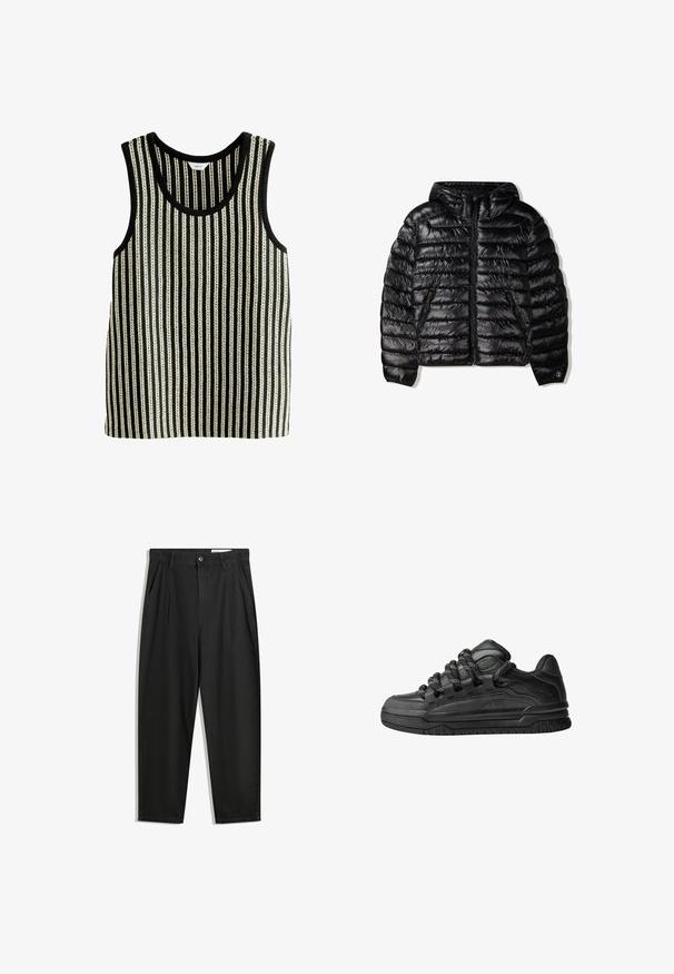 Zwarte pufferjack met capuchon, voorzien van een gelamineerd ontwerp, ritsluiting en twee zijzakken. Gemaakt van een gladde, glanzende stof.; Zwart-wit gestreept tanktop met een ronde halslijn en mouwloos ontwerp. De textuur heeft afwisselend dikke en dunne verticale lijnen.; Zwarte katoenen broeken met een losse pasvorm, voorzien van een klassieke tailleband, voorplooien en zijzakken. Gladde structuur zonder patronen.; Zwarte sneakers met een glad leren bovenwerk, gearceerde accenten en ronde zwart-witte veters. Dikke rubberen zool met een geprofileerd loopvlak.