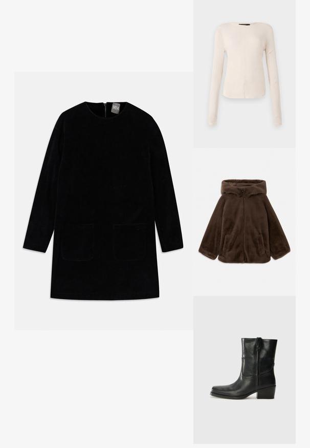 Veste à capuche en fausse fourrure marron avec fermeture éclair avant et poches latérales, présentée à plat sur un fond blanc.; Robe en velours côtelé noir avec des manches longues, un col montant et deux poches avant. Dispose d'une fermeture éclair au dos et d'un tissu texturé.; Haut à manches longues, beige clair avec un col rond. Fait dans un tissu doux, il présente une couture centrale et un ourlet légèrement courbé. Pas de métal visible.; Bottine en cuir noir avec un bout rond, un talon carré, une fermeture éclair sur le côté et des coutures décoratives sur l'empeigne. Texture lisse, design classique.