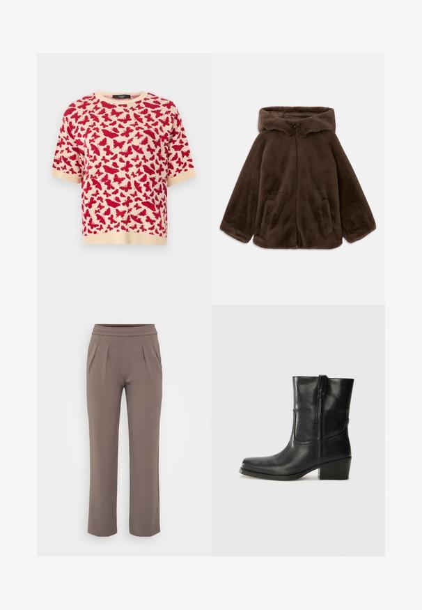 Braune Kunstfelljacke mit Kapuze, Vorderreißverschluss und Seitentaschen, auf einem weißen Hintergrund liegend gezeigt.; Roter und cremefarbener Strickpullover mit einem Schmetterlingsmuster, kurzen Ärmeln und Rundhalsausschnitt. Weicher Stoff mit gerippten Akzenten am Saum und an den Ärmeln.; Taupe-lockere Hose mit elastischem Bund und vorderen Falten, gefertigt aus glattem Stoff.; Schwarze Leder-Ankle Boots mit runder Zehenform, Blockabsatz, seitlichem Reißverschluss und gestickten Akzenten auf dem Blatt. Glatte Textur, klassisches Design.