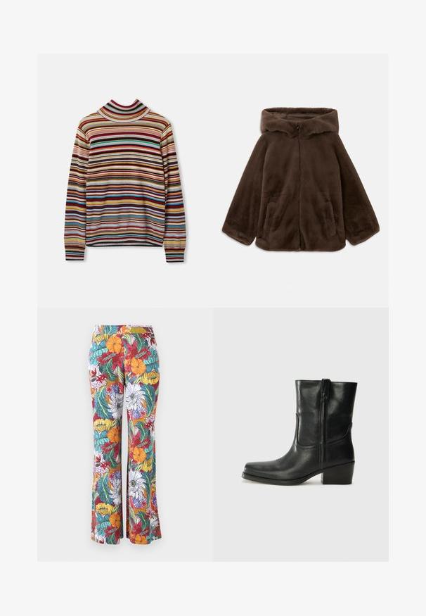 Rjava umjetna krzna jakna s kapuljačom, s prednjim zatvaračem i bočnim žepovima, prikazana položena ravno na bijeloj pozadini.; Turtleneck pulover s prečnimi črtami v rdeči, modri, rumeni in sivi barvi. Izdelan iz mehke tkanine z rebrastimi manšetami.; Razširjene hlače z večbarvnim cvetličnim vzorcem, ki vključuje oranžne, purpurne in teal cvetove ter zelene liste na belem ozadju.; Črne usnjene gležnjarje z zaobljenim nosom, blok peto, stransko zadrgo in šivanjem na vampu. Gladka tekstura, klasična zasnova.