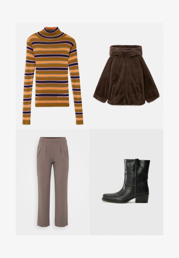 Bruine nep-bont capuchonjack met voorrits en zijzakken, plat gelegd op een witte achtergrond.; Geribbelde turtleneck sweater met lange mouwen, voorzien van horizontale strepen in mosterd, roze, oranje, zwart en grijs op een witte achtergrond.; Taupe losvallende broek met elastische tailleband en voorplooien, gemaakt van zachte stof.; Zwarte leren enkellaars met een ronde neus, blokhak, zijrits en stikselaccenten op de wreef. Gladde textuur, klassiek ontwerp.