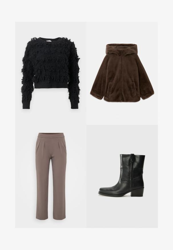 Rjava umjetna krzna jakna s kapuljačom, s prednjim zatvaračem i bočnim žepovima, prikazana položena ravno na bijeloj pozadini.; Črna skrajšana pulover s teksturirano, puhasto površino. Dolgi rokavi in okrogli ovratnik, z nepravilnimi vzorci po tkanini.; Taupe hlače širokega kroja z elastičnim pasom in sprednjimi gubi, narejene iz gladkega materiala.; Črne usnjene gležnjarje z zaobljenim nosom, blok peto, stransko zadrgo in šivanjem na vampu. Gladka tekstura, klasična zasnova.
