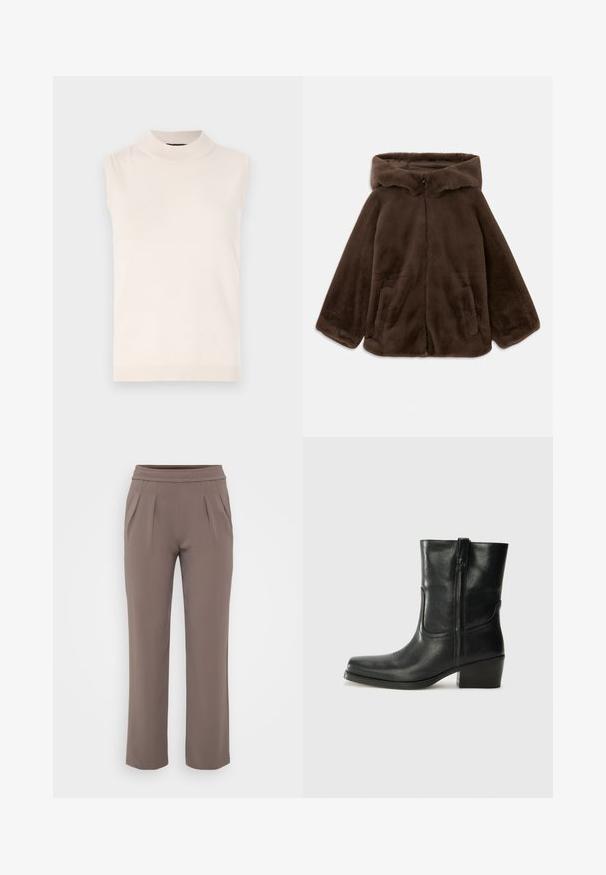 Barna műszőrme kapucnis dzseki elülső cipzárral és oldalsó zsebekkel, fehér háttér előtt, laposan kifektetve.; Ujjatlan, krémszínű kötött felső magas gallérral és bordázott aljjal. Puha tapintású és testhezálló kialakítás, amely alkalmas rétegezésre vagy önálló viseletre.; Taupe színű, lazán szabott nadrág, gumis derékkal és elülső pliszírozással, sima anyagból készült.; Fekete bőr bokacsizma lekerekített orral, blokk sarkúval, oldalsó cipzárral és varrásos díszítéssel az elején. Simább textúra, klasszikus dizájn.