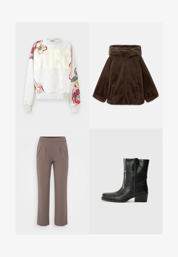 Chaqueta con capucha de pelo sintético marrón, con cremallera frontal y bolsillos laterales, mostrada tendida sobre un fondo blanco.; Sudadera gris con bordado floral en las mangas. Presenta letras en negrita "STIEG" en color amarillo. Tejido suave, puños y bajo acanalados.; Pantalones sueltos color topo con cinturilla elástica y pliegues frontales, hechos de una tela suave.; Botín negro de cuero hasta el tobillo con punta redondeada, tacón cuadrado, cremallera lateral y detalles de costura en el empeine. Textura suave, diseño clásico.