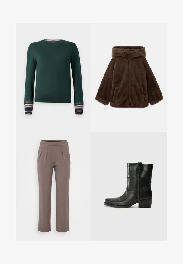 Giacca cappotto in finta pelliccia marrone con zip frontale e tasche laterali, mostrata distesa su uno sfondo bianco.; Maglione verde a maniche lunghe con colletto rotondo e polsini decorati con strisce in navy, rosa e bianco. Realizzato in un morbido tessuto a maglia.; Pantaloni taupe a vestibilità ampia con elastico in vita e pieghe frontali, realizzati in tessuto morbido.; Stivale ankle in pelle nera con punta arrotondata, tacco a blocco, cerniera laterale e dettagli in cucitura sulla tomaia. Texture liscia, design classico.