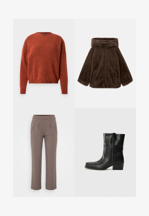 Hnědá bunda s kapucí z umělé kožešiny se zipem vpředu a bočními kapsami, položená na bílé pozadí.; Žebrovaný svetr barvy rezavé s kulatým výstřihem a žebrovanými manžetami. Materiál má měkký, strukturovaný vzhled. Žádné viditelné kovové prvky ani vzory.; Taupe volné kalhoty s elastickým pasem a předními záhyby, vyrobené z hladkého materiálu.; Černá kožená kotníková bota s kulatou špičkou, blokovým podpatkem, bočním zipem a prošíváním na svršku. Hladký povrch, klasický design.