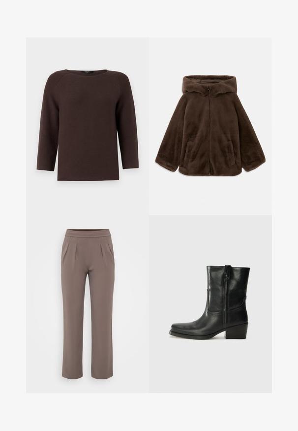 Braune Kunstfelljacke mit Kapuze, Vorderreißverschluss und Seitentaschen, auf einem weißen Hintergrund liegend gezeigt.; Brauner gestrickter Pullover mit Rundhalsausschnitt und dreiviertellangen Raglanärmeln. Verfügt über ein strukturiertes Muster und einen geraden Schnitt.; Taupe-lockere Hose mit elastischem Bund und vorderen Falten, gefertigt aus glattem Stoff.; Schwarze Leder-Ankle Boots mit runder Zehenform, Blockabsatz, seitlichem Reißverschluss und gestickten Akzenten auf dem Blatt. Glatte Textur, klassisches Design.