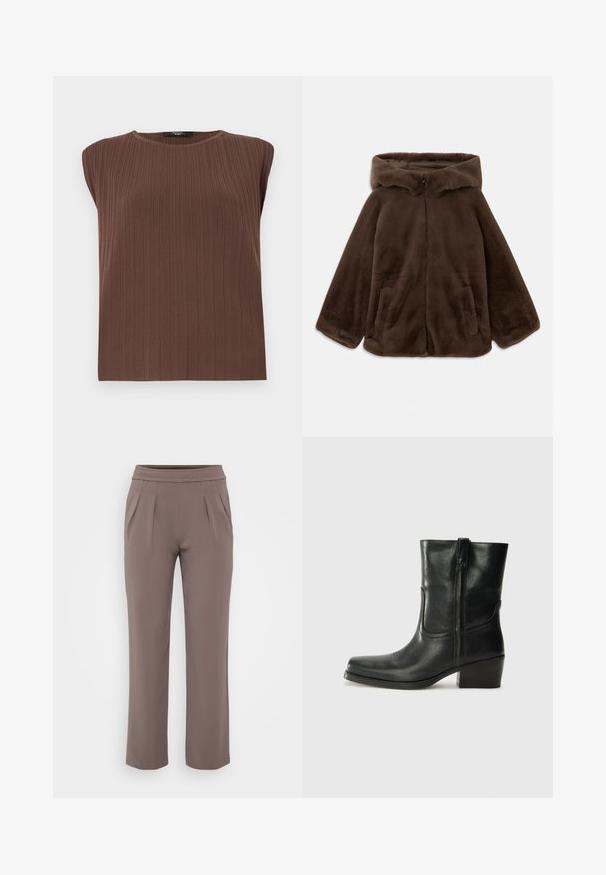 Rjava umjetna krzna jakna s kapuljačom, s prednjim zatvaračem i bočnim žepovima, prikazana položena ravno na bijeloj pozadini.; Svetlo rjava rebrasta brezrokavna majica s kristalnim izrezom. Mehka tekstura, raven kroj in subtilne vertikalne črte, ki poudarjajo dizajn tkanine.; Taupe hlače širokega kroja z elastičnim pasom in sprednjimi gubi, narejene iz gladkega materiala.; Črne usnjene gležnjarje z zaobljenim nosom, blok peto, stransko zadrgo in šivanjem na vampu. Gladka tekstura, klasična zasnova.