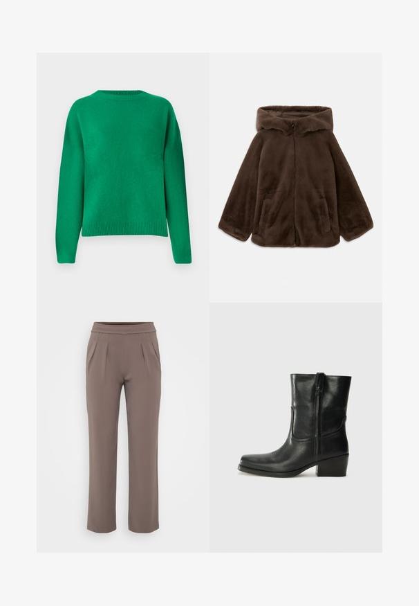 Bruine nep-bont capuchonjack met voorrits en zijzakken, plat gelegd op een witte achtergrond.; Groene gebreide trui met een ontspannen pasvorm, ronde halslijn, verlaagde schouders en geribde zoom. Gladde textuur met een gelijkmatige afwerking.; Taupe losvallende broek met elastische tailleband en voorplooien, gemaakt van zachte stof.; Zwarte leren enkellaars met een ronde neus, blokhak, zijrits en stikselaccenten op de wreef. Gladde textuur, klassiek ontwerp.