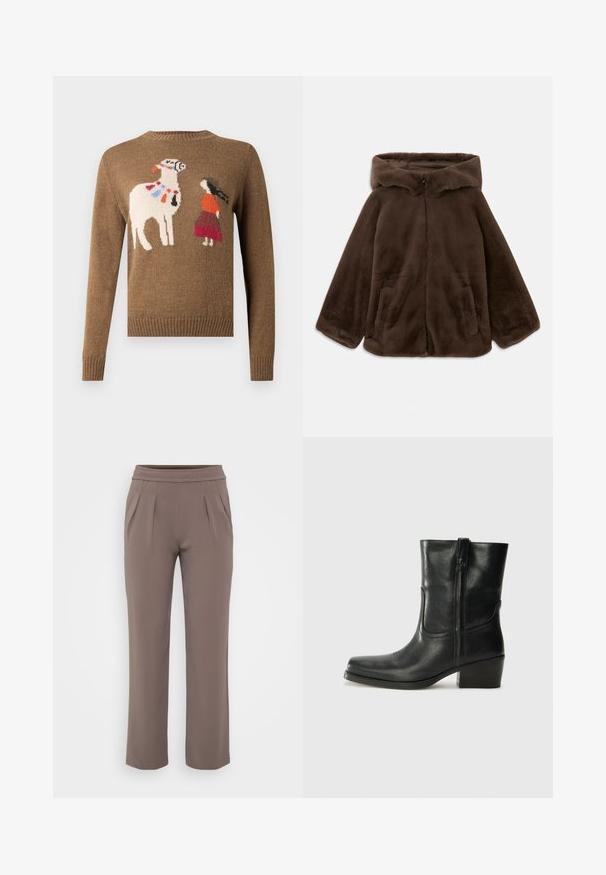 Veste à capuche en fausse fourrure marron avec fermeture éclair avant et poches latérales, présentée à plat sur un fond blanc.; Pull en tricot marron avec un motif brodé représentant un lama et une figure vêtue d'une tenue rouge et orange. Col rond et poignets côtelés.; Pantalons amples taupe avec taille élastique et plis à l'avant, fabriqués en tissu lisse.; Bottine en cuir noir avec un bout rond, un talon carré, une fermeture éclair sur le côté et des coutures décoratives sur l'empeigne. Texture lisse, design classique.