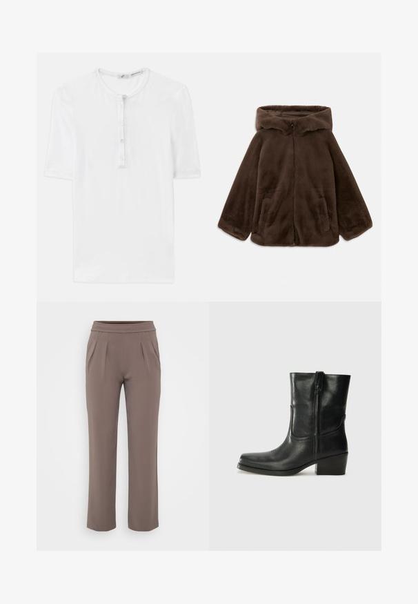 Veste à capuche en fausse fourrure marron avec fermeture éclair avant et poches latérales, présentée à plat sur un fond blanc.; T-shirt blanc à manches courtes en tissu côtelé avec un col rond et une patte de boutonnage à cinq boutons. Texture douce et coupe décontractée.; Pantalons amples taupe avec taille élastique et plis à l'avant, fabriqués en tissu lisse.; Bottine en cuir noir avec un bout rond, un talon carré, une fermeture éclair sur le côté et des coutures décoratives sur l'empeigne. Texture lisse, design classique.