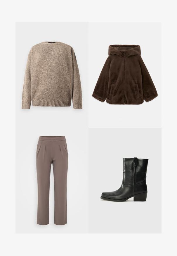 Braune Kunstfelljacke mit Kapuze, Vorderreißverschluss und Seitentaschen, auf einem weißen Hintergrund liegend gezeigt.; Beiger Wollpullover mit strukturierter Strickoptik, rundem Ausschnitt, überschnittenen Schultern und geripptem Saum. Glatte Oberfläche mit dezenten Farbnuancen.; Taupe-lockere Hose mit elastischem Bund und vorderen Falten, gefertigt aus glattem Stoff.; Schwarze Leder-Ankle Boots mit runder Zehenform, Blockabsatz, seitlichem Reißverschluss und gestickten Akzenten auf dem Blatt. Glatte Textur, klassisches Design.