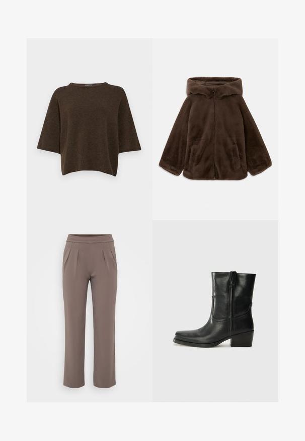 Braune Kunstfelljacke mit Kapuze, Vorderreißverschluss und Seitentaschen, auf einem weißen Hintergrund liegend gezeigt.; Filippa K TEE - Strickpullover - driftwood; Taupe-lockere Hose mit elastischem Bund und vorderen Falten, gefertigt aus glattem Stoff.; Schwarze Leder-Ankle Boots mit runder Zehenform, Blockabsatz, seitlichem Reißverschluss und gestickten Akzenten auf dem Blatt. Glatte Textur, klassisches Design.