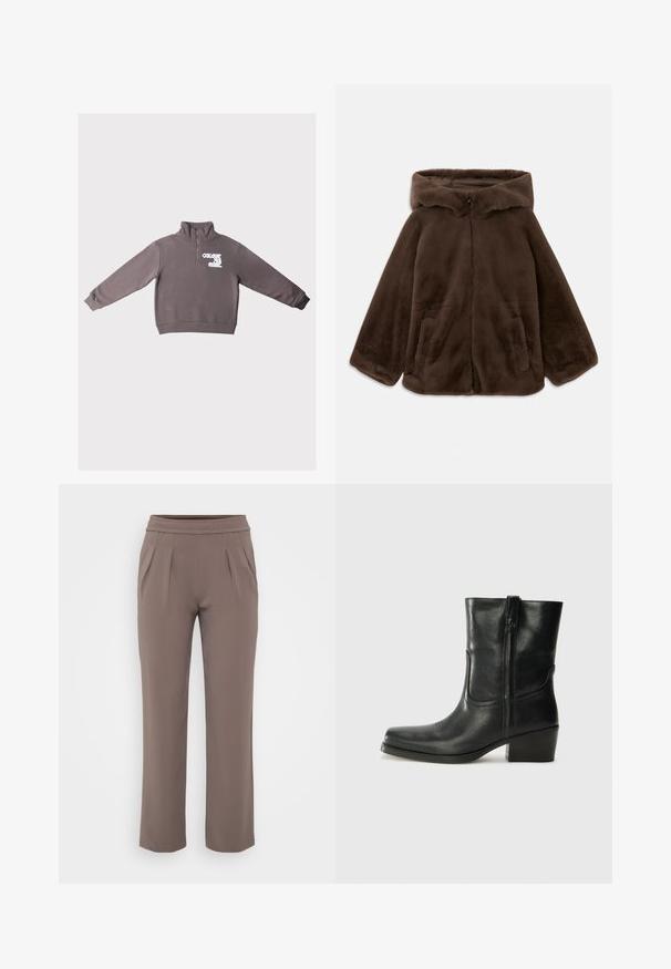 Giacca cappotto in finta pelliccia marrone con zip frontale e tasche laterali, mostrata distesa su uno sfondo bianco.; Pullover marrone a maniche lunghe con zip a un quarto e la scritta bianca "COLOURFUL REBEL" sul lato sinistro del petto.; Pantaloni taupe a vestibilità ampia con elastico in vita e pieghe frontali, realizzati in tessuto morbido.; Stivale ankle in pelle nera con punta arrotondata, tacco a blocco, cerniera laterale e dettagli in cucitura sulla tomaia. Texture liscia, design classico.