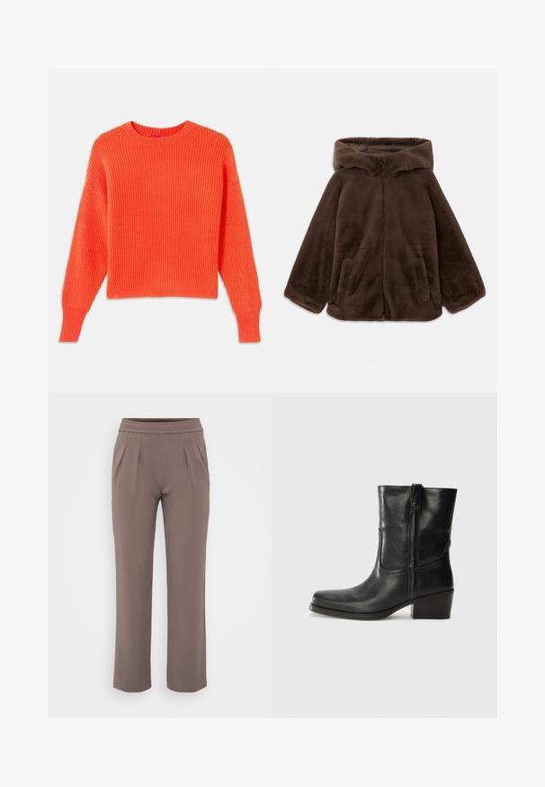 Ruskea tekoturkishuppari, jossa on etuvetoketju ja sivutaskut, esitelty tasaisena valkoista taustaa vasten.; Oranssi ribattu neulepaita, jossa on ympyräkaula-aukko, pudotetut olkapäät ja lyhyt leikkaus. Teksturoitu kankaan kuosi ja sivureiät helman kohdalla.; Harmaat löysät housut, joissa on joustava vyötärö ja etutaskut, valmistettu sileästä kankaasta.; Musta nahkasaapas nilkkamittaisella varrella, pyöreällä kärjellä, lohkarekorolla, sivuvetoketjulla ja ompeluaksentilla varren yläosassa. Suora pinta, klassinen muotoilu.