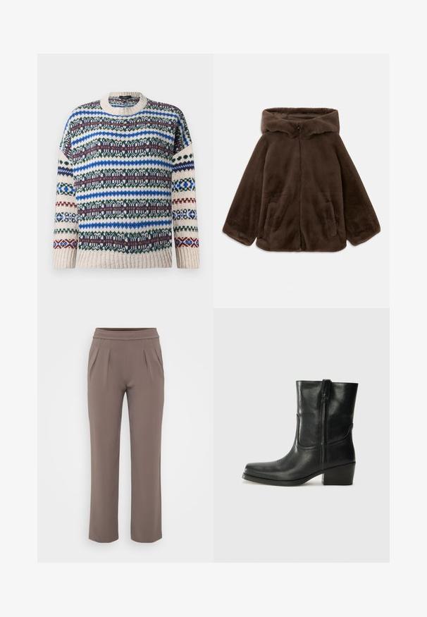 Ruskea tekoturkishuppari, jossa on etuvetoketju ja sivutaskut, esitelty tasaisena valkoista taustaa vasten.; Neulotut crewneck-neuletakki, jossa moniväriset vaakasuorat Fair Isle -kuviot sinisen, vihreän, viininpunaisen ja beigen sävyissä hihoissa ja vartalossa.; Harmaat löysät housut, joissa on joustava vyötärö ja etutaskut, valmistettu sileästä kankaasta.; Musta nahkasaapas nilkkamittaisella varrella, pyöreällä kärjellä, lohkarekorolla, sivuvetoketjulla ja ompeluaksentilla varren yläosassa. Suora pinta, klassinen muotoilu.
