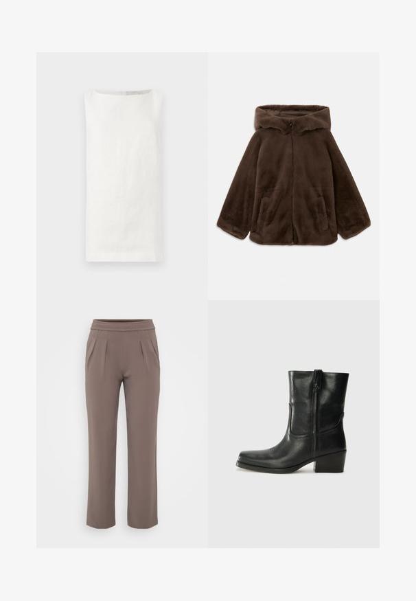 Καφέ ψεύτικο γούνα μπουφάν με κουκούλα, φερμουάρ μπροστά και πλαϊνές τσέπες, τοποθετημένο επίπεδα σε λευκό φόντο.; Άσπρο λινό τοπ χωρίς μανίκια με ευθεία γραμμή, λαιμόκοψη σε σχήμα βάρκας και χωρίς εμφανή κλείσιμο. Διαθέτει μαλακό, υφή ύφασμα.; Ταπέ τζιν χαλαρού στιλ με ελαστική μέση και πιέτες μπροστά, κατασκευασμένα από απαλή ύφανση.; Μαύρη δερμάτινη μπότες αστραγάλου με στρογγυλή μύτη, τετράγωνη φτέρνα, πλαϊνό φερμουάρ και ραφές στη μύτη. Ομαλή υφή, κλασικός σχεδιασμός.