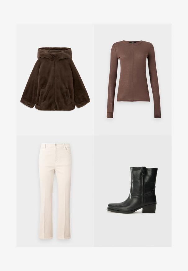 Jachetă cu glugă din blană artificială maro, cu fermoar frontal și buzunare laterale, prezentată întinsă pe un fundal alb.; Bluză lungă maro, dintr-un material ușor și neted. Are un decolteu rotund și un detaliu discret al cusăturii pe față.; Jeans bej evazați, din bumbac, cu talie înaltă, cinci buzunare, închidere cu nasture și detalii subtile de cusătură.; Botine din piele neagră, cu vârf rotund, toc pătrat, fermoar pe lateral și accente de cusături pe partea superioară. Textură netedă, design clasic.