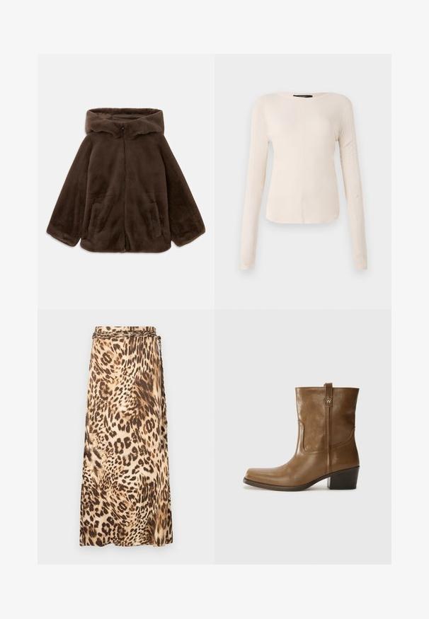 Bruine nep-bont capuchonjack met voorrits en zijzakken, plat gelegd op een witte achtergrond.; Langsleeve, lichtbeige top met een ronde halslijn. Gemaakt van zachte stof, heeft een centrale naad en een iets gebogen rand. Geen zichtbare hardware.; Lepardprint, luchtige maxi rok in beige en bruine tinten met een gevlochten taillebanddetail. Glad materiaal met een gedrapeerde silhouet.; Bruine lederen enkelboot met een vierkante neus, gestructureerde afwerking en een lage blokhak. Voorzien van een handige achterste lus en subtiele stikdetails.