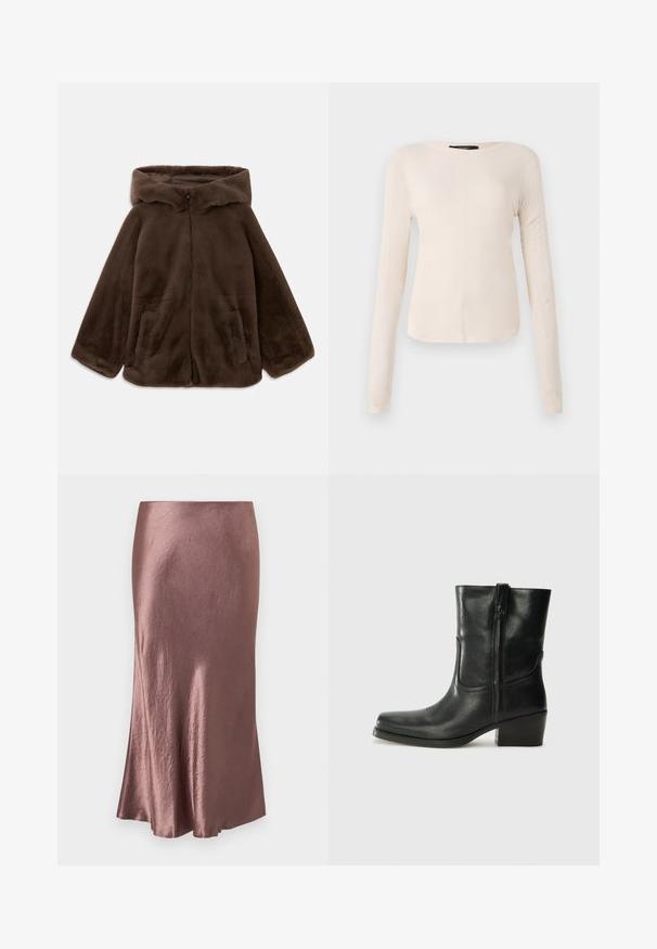 Brun faux fur hættejakke med frontlynlås og sidelommer, vist liggende fladt på en hvid baggrund.; Langærmet, lys beige top med rund halsudskæring. Lavet af blødt stof, har en central søm og let buet kant. Der er ingen synlige metaldele.; Satin midi-nederdel i en mauve farve, glat tekstur, let udvidet kant, med et enkelt design uden synlige lukninger eller pynt.; Sort læder ankelstøvle med rundt tå, blokhæl, lynlås i siden og stikninger på vampsiden. Glat tekstur, klassisk design.