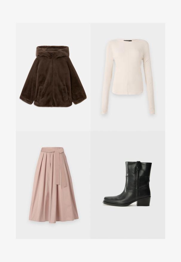 Casaco capuz de pele sintética castanho, com fecho de correr na frente e bolsos laterais, exibido deitado sobre um fundo branco.; Camisola de mangas longas, bege claro, com decote redondo. Feita de um tecido macio, apresenta uma costura central e uma bainha ligeiramente curva. Sem ferragens visíveis.; Saia midi rosa feita de um tecido estruturado, com pregas, um cinto atado à cintura e uma silhueta em A. Textura suave sem padrões visíveis.; Bota de tornozelo em couro preto com bico arredondado, salto bloco, fecho lateral e detalhes em costura na parte frontal. Textura suave, design clássico.