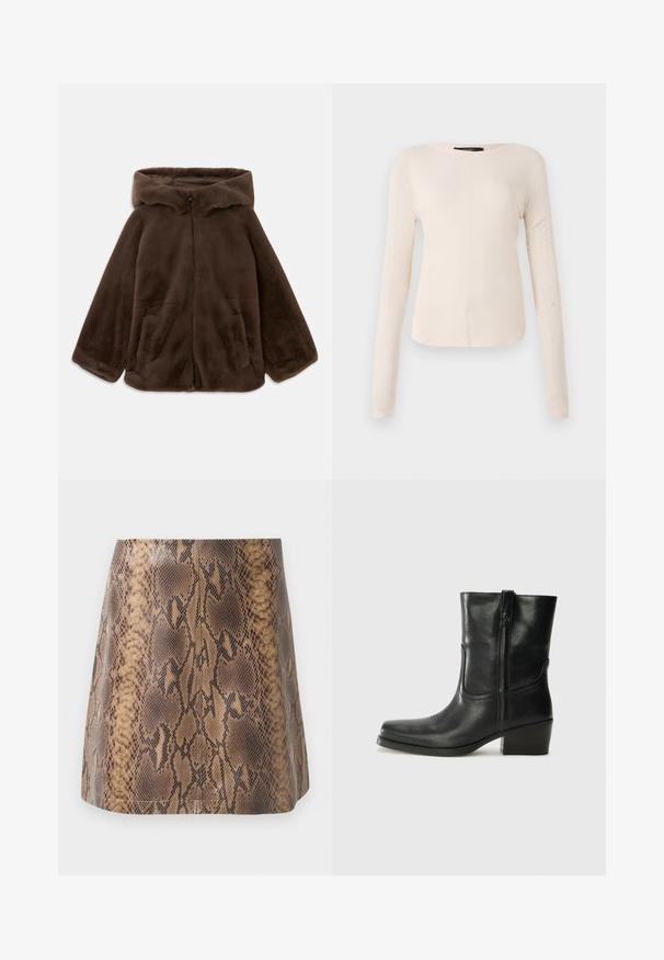 Rjava umjetna krzna jakna s kapuljačom, s prednjim zatvaračem i bočnim žepovima, prikazana položena ravno na bijeloj pozadini.; Dolga majica v svetlo bež barvi s okroglim izrezom. Narejena iz mehkega materiala, ima osrednji šiv in rahlo ukrivljen rob. Ni vidnih elementov.; Mini krilo v barvi rjave kačje kože, izdelano iz umetnega usnja, z gladko teksturo, prilegajočo silhueto in diskretno šivano podrobnostjo.; Črne usnjene gležnjarje z zaobljenim nosom, blok peto, stransko zadrgo in šivanjem na vampu. Gladka tekstura, klasična zasnova.