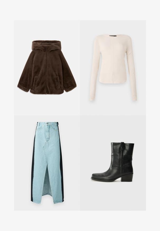 Bruine nep-bont capuchonjack met voorrits en zijzakken, plat gelegd op een witte achtergrond.; Langsleeve, lichtbeige top met een ronde halslijn. Gemaakt van zachte stof, heeft een centrale naad en een iets gebogen rand. Geen zichtbare hardware.; Denimrok die lichtblauw en zwart materiaal combineert, met een split aan de voorkant, hoge taille en een gestructureerd ontwerp met een standaard knoopsluiting.; Zwarte leren enkellaars met een ronde neus, blokhak, zijrits en stikselaccenten op de wreef. Gladde textuur, klassiek ontwerp.