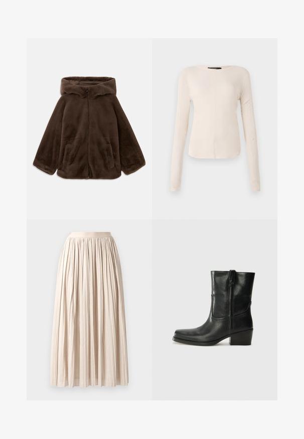 Brown faux fur hooded jacket with front zipper and side pockets, shown laid flat on a white background.; Long-sleeve, light beige top with a round neckline. Made of soft fabric, features a central seam and slightly curved hem. No visible hardware.; Pleated midi skirt in light beige fabric. Features an elastic waistband and flowing design, showcasing a textured finish and gentle drape.; Black leather ankle boot with a rounded toe, block heel, side zipper, and stitching accents on the vamp. Smooth texture, classic design.