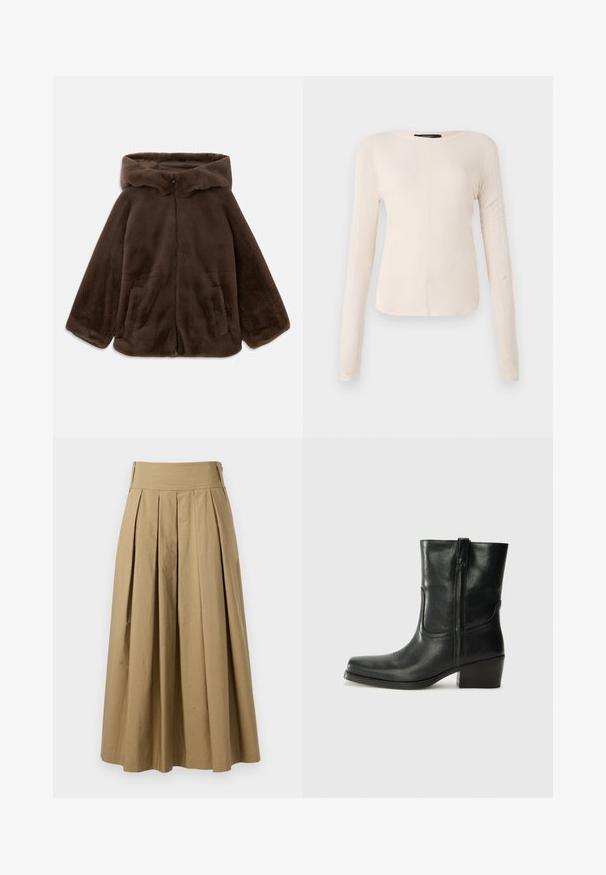 Brūna mākslīgā kažokādas jaku ar kapuci, priekšējo rāvējslēdzēju un sānu kabatām, attēlota izklāta uz baltas fona.; Ilgi piedurkņu, gaiši bēšas krāsas blūze ar apaļu dekoltē. Izgatavota no mīksta auduma, ar centrālo šuvi un nedaudz izliekta apakšmala. Nav redzamu papildus elementu.; Sarkanā plīvēta svārki ar augstu jostasvietu, izgatavoti no kokvilnas. Piedāvā plūstošu dizainu un apakšmalu ar smalkiem šuvuma elementiem.; Melna ādas potīte ar noapaļotu purngalu, bloku papēdi, sānu rāvējslēdzēju un šuvju akcentiem uz virsmas. Gluda tekstūra, klasiskā dizaina.