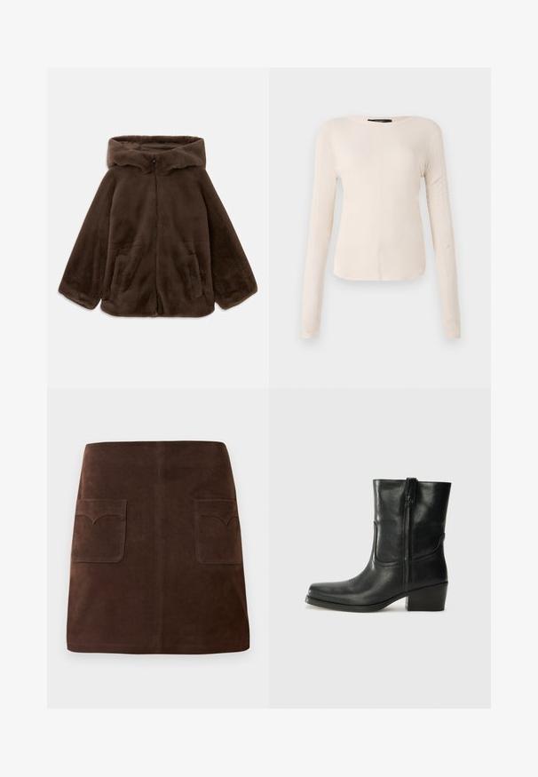 Veste à capuche en fausse fourrure marron avec fermeture éclair avant et poches latérales, présentée à plat sur un fond blanc.; Haut à manches longues, beige clair avec un col rond. Fait dans un tissu doux, il présente une couture centrale et un ourlet légèrement courbé. Pas de métal visible.; Jupe en suède marron présentant une silhouette A-line classique, deux poches avant avec des rabats arrondis et des détails de couture discrets.; Bottine en cuir noir avec un bout rond, un talon carré, une fermeture éclair sur le côté et des coutures décoratives sur l'empeigne. Texture lisse, design classique.