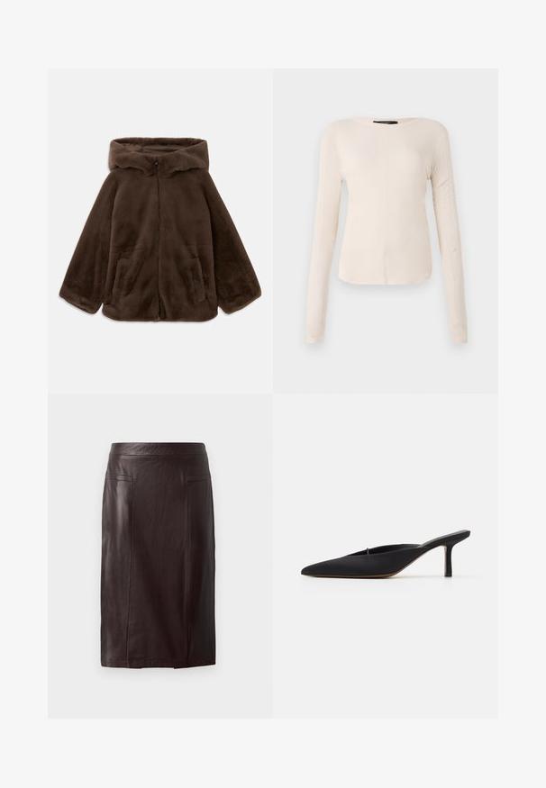 Bruine nep-bont capuchonjack met voorrits en zijzakken, plat gelegd op een witte achtergrond.; Langsleeve, lichtbeige top met een ronde halslijn. Gemaakt van zachte stof, heeft een centrale naad en een iets gebogen rand. Geen zichtbare hardware.; Bruine leren potloodrok met een gladde textuur, voorzien van een hoge taille, twee front pockets en een knielange snit.; Zwarte muiltje met spitse neus en een strak ontwerp, gemaakt van gladde stof, met een slanke hak en open achterkant voor gemakkelijk aan- en uittrekken.