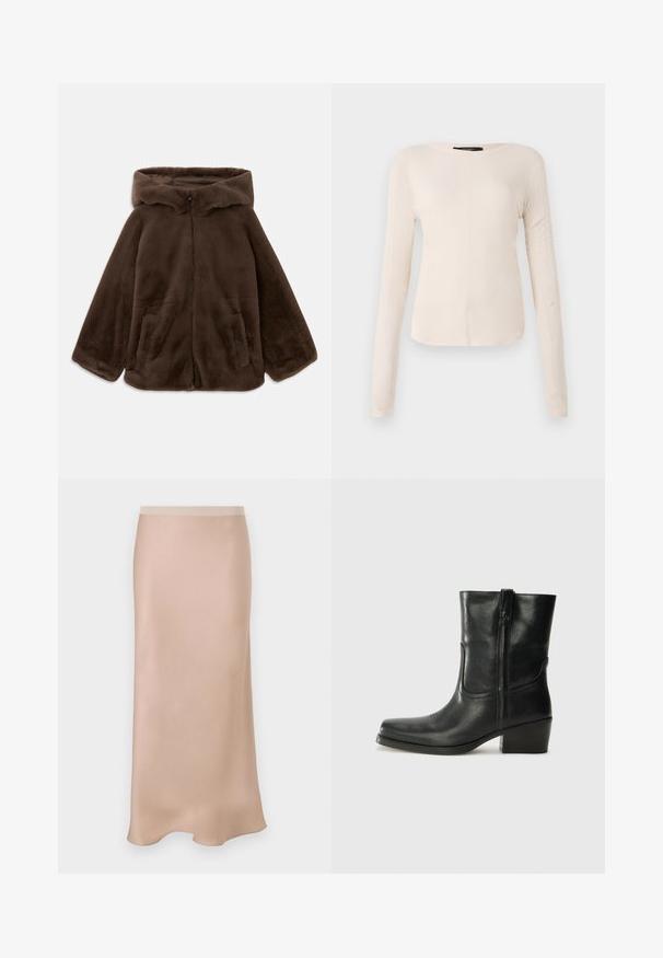 Bruine nep-bont capuchonjack met voorrits en zijzakken, plat gelegd op een witte achtergrond.; Langsleeve, lichtbeige top met een ronde halslijn. Gemaakt van zachte stof, heeft een centrale naad en een iets gebogen rand. Geen zichtbare hardware.; Satin midirok in lichtbeige met een gladde textuur. Heeft een aansluitende tailleband en een subtiele A-lijn vorm, die voorzichtig uitloopt aan de zoom.; Zwarte leren enkellaars met een ronde neus, blokhak, zijrits en stikselaccenten op de wreef. Gladde textuur, klassiek ontwerp.