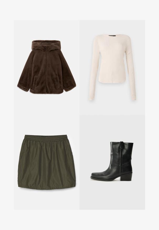 Rjava umjetna krzna jakna s kapuljačom, s prednjim zatvaračem i bočnim žepovima, prikazana položena ravno na bijeloj pozadini.; Dolga majica v svetlo bež barvi s okroglim izrezom. Narejena iz mehkega materiala, ima osrednji šiv in rahlo ukrivljen rob. Ni vidnih elementov.; Olivno zelena, lahka krila z elastičnim pasom, nabranim teksturo, stranskimi žepi in šivanjem.; Črne usnjene gležnjarje z zaobljenim nosom, blok peto, stransko zadrgo in šivanjem na vampu. Gladka tekstura, klasična zasnova.