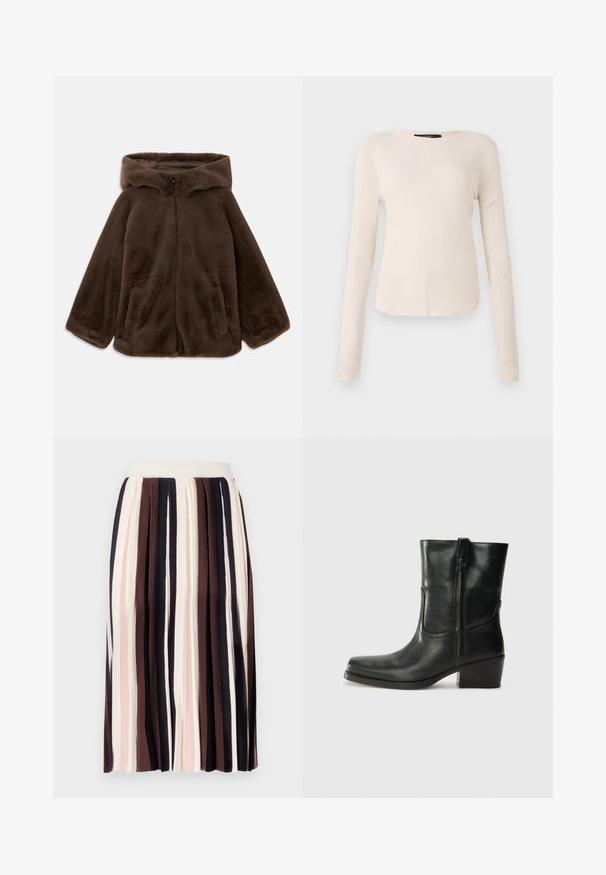 Brown faux fur hooded jacket with front zipper and side pockets, shown laid flat on a white background.; Long-sleeve, light beige top with a round neckline. Made of soft fabric, features a central seam and slightly curved hem. No visible hardware.; Pleated skirt featuring vertical stripes in shades of dark brown, light pink, and cream, with a fitted waistband and soft, textured fabric.; Black leather ankle boot with a rounded toe, block heel, side zipper, and stitching accents on the vamp. Smooth texture, classic design.