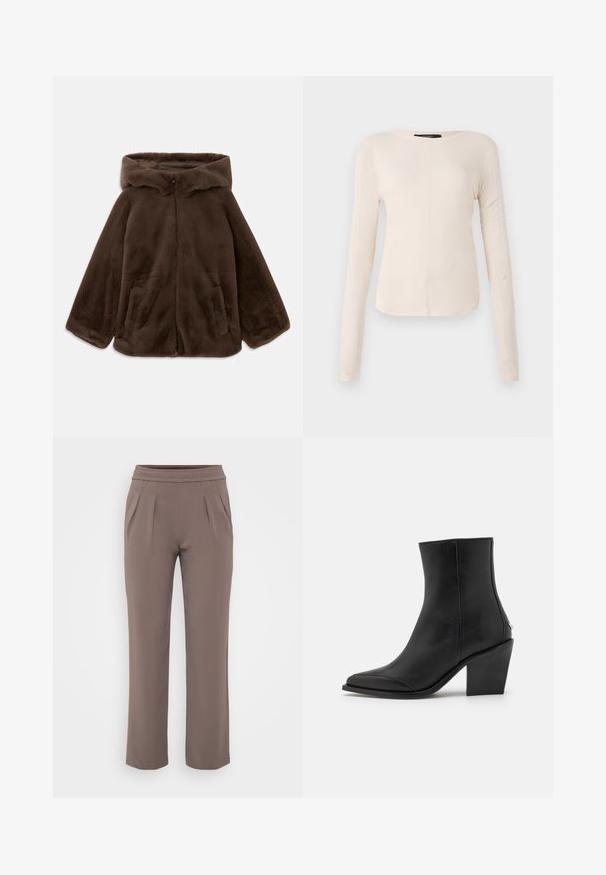 Brązowa kurtka z sztucznego futra z kapturem, z zamkiem błyskawicznym z przodu i bocznymi kieszeniami, zaprezentowana leżąca na białym tle.; Długi rękaw, jasnobeżowa bluzka z okrągłym dekoltem. Wykonana z miękkiego materiału, posiada centralny szew oraz lekko zaokrąglony dół. Brak widocznych elementów metalowych.; Sukienki w kolorze taupe o luźnym kroju, z elastycznym paskiem w talii i fałdami z przodu, wykonane z gładkiego materiału.; Czarne skórzane botki za kostkę z ostrym noskiem, na blokowym obcasie i subtelnymi detalami po bokach. Gładka tekstura z minimalistycznym designem.