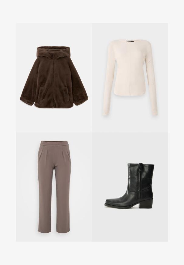 Chaqueta con capucha de pelo sintético marrón, con cremallera frontal y bolsillos laterales, mostrada tendida sobre un fondo blanco.; Top de manga larga, color beige claro, con cuello redondo. Fabricado en un tejido suave, presenta una costura central y un dobladillo ligeramente curvado. Sin herrajes visibles.; Pantalones sueltos color topo con cinturilla elástica y pliegues frontales, hechos de una tela suave.; Botín negro de cuero hasta el tobillo con punta redondeada, tacón cuadrado, cremallera lateral y detalles de costura en el empeine. Textura suave, diseño clásico.