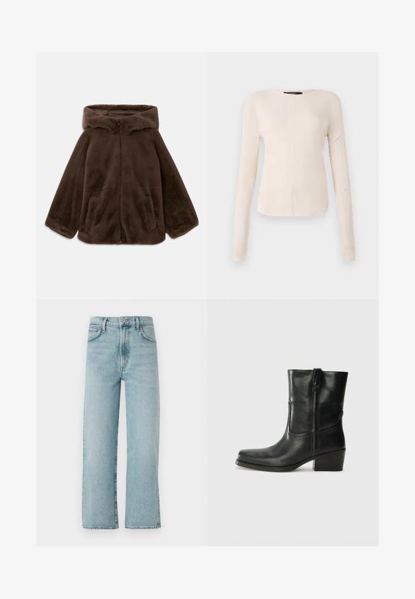 Hnedá umelá kožušinová bunda s kapucňou, predným zipsom a bočnými vreckami, zobrazená položená na bielom pozadí.; Dlhý rukáv, svetlo béžový top s okrúhlym výstrihom. Vyrobený z mäkkej látky, má stredový šev a mierne zakrivený spodný okraj. Bez viditeľného hardvéru.; Svetlomodré rovné džínsy vyrobené z denimu, so zvýšeným pásom, predným zapínaním na gombík a jemným vyblednutím na látke.; Čierne kožené členkové topánky s okrúhlou špičkou, blokovým podpätkom, bočným zipsom a prešívaním na priehlavku. Hladká textúra, klasický dizajn.