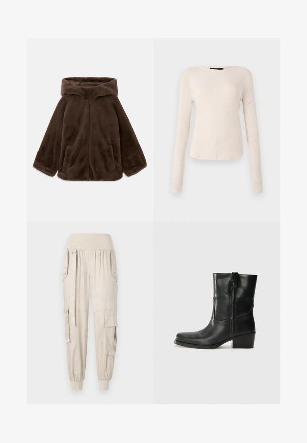 Rjava umjetna krzna jakna s kapuljačom, s prednjim zatvaračem i bočnim žepovima, prikazana položena ravno na bijeloj pozadini.; Dolga majica v svetlo bež barvi s okroglim izrezom. Narejena iz mehkega materiala, ima osrednji šiv in rahlo ukrivljen rob. Ni vidnih elementov.; Bež hlače s cargo krojem, z elastičnim pasom, zoženimi manšeti, stranskimi žepi in gumbi. Narejene iz lahkotnega materiala z gladko teksturo.; Črne usnjene gležnjarje z zaobljenim nosom, blok peto, stransko zadrgo in šivanjem na vampu. Gladka tekstura, klasična zasnova.