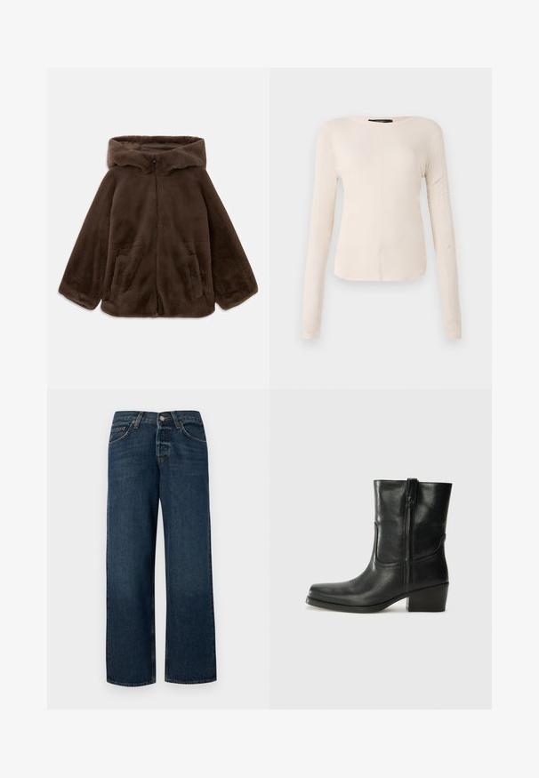 Smeđi lažni krzneni kaput s kapuljačom, prednjim zatvaračem i bočnim džepovima, prikazan u ravnom položaju na bijeloj pozadini.; Dugih rukava, svijetlo bež majica s okruglim izrezom. Izrađena od mekanog materijala, ima središnji šav i blago zakrivljen rub. Nema vidljivih metalnih dijelova.; Tamno plave traperice s ravnim krojem, pet džepova i metalnim detaljima. Imaju lagano izbjeljivanje i čisti rub.; Crne kožne čizme do članaka s okruglim vrhom, blok potpeticom, bočnim patentnim zatvaračem i detaljima od šavova na gornjem dijelu. Glatka tekstura, klasičan dizajn.