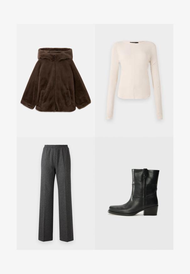 Rjava umjetna krzna jakna s kapuljačom, s prednjim zatvaračem i bočnim žepovima, prikazana položena ravno na bijeloj pozadini.; Dolga majica v svetlo bež barvi s okroglim izrezom. Narejena iz mehkega materiala, ima osrednji šiv in rahlo ukrivljen rob. Ni vidnih elementov.; Sive široke hlače z elastičnim pasom, ki imajo subtilen ribji kost vzorec. Mehka tkanina z sproščenim krojem.; Črne usnjene gležnjarje z zaobljenim nosom, blok peto, stransko zadrgo in šivanjem na vampu. Gladka tekstura, klasična zasnova.